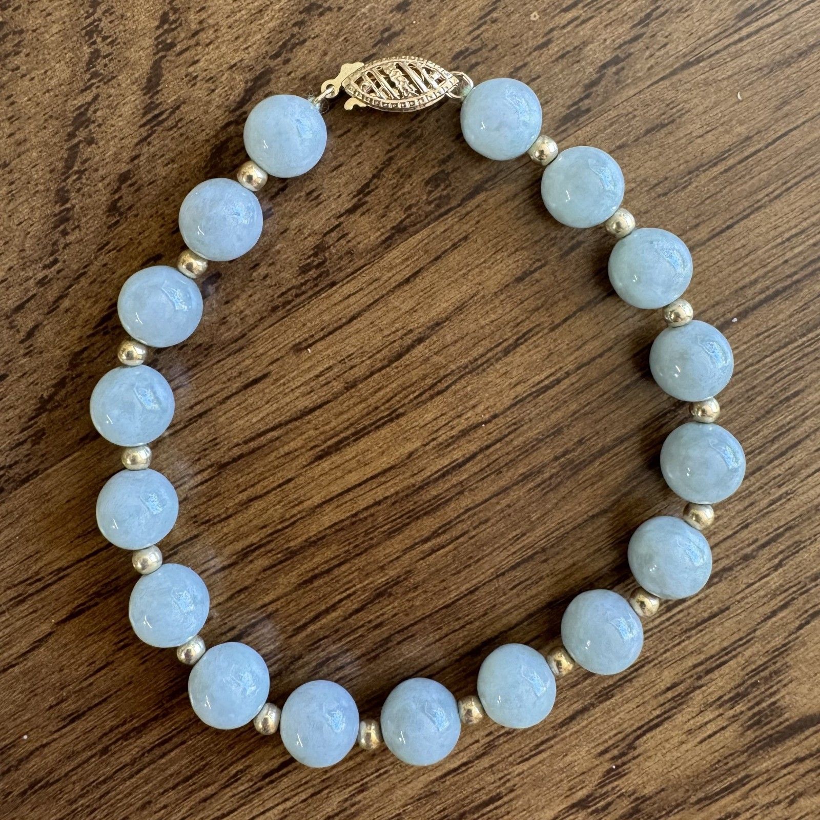 14k Gold Green Jadeite Jade Beaded Bracelet 7.5 In Vintage Estate Jewelry 8mm